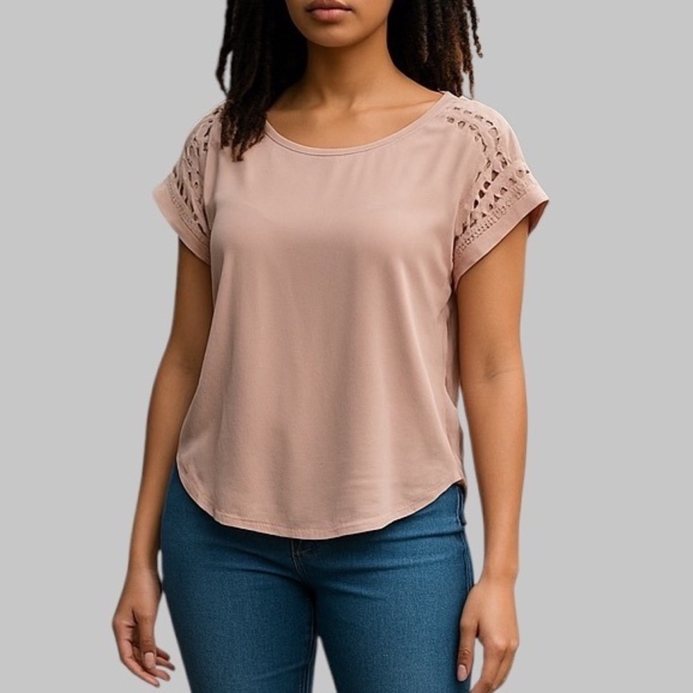 Stella & Dot Blouse Top‎ Laser Cut Short Sleeve Casual Everyday Pink S